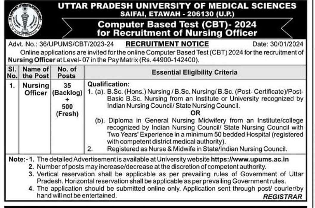 Upums nursing officer recruitment 2024